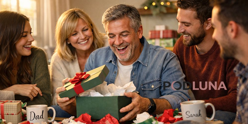 Happy father smiling while opening a wrapped gift box surrounded by his family in a cozy living room, with personalized presents and holiday decorations in the background