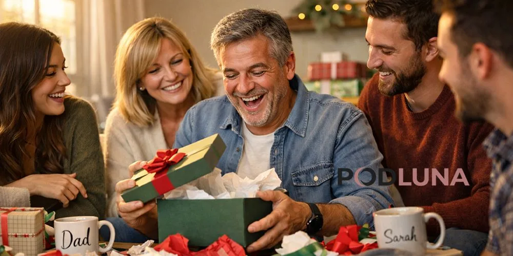 Father Opening Gift with Family Happy father smiling while opening a wrapped gift box surrounded by his family in a cozy living room, with personalized presents and holiday decorations in the background