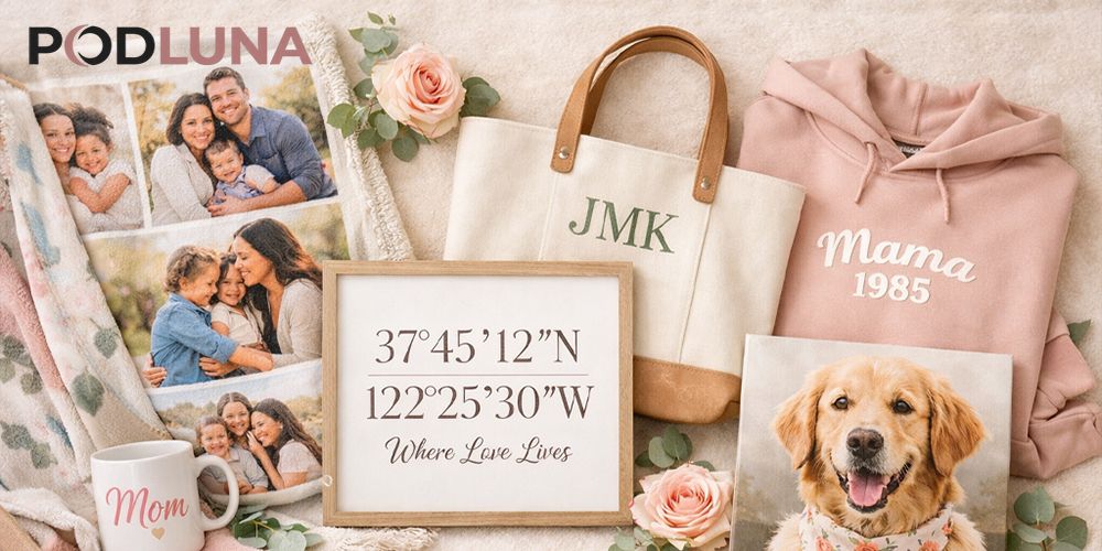 Personalized gifts for mom collection including custom photo blankets, monogrammed tote bags, printed mugs, and framed wall art arranged in flat lay composition