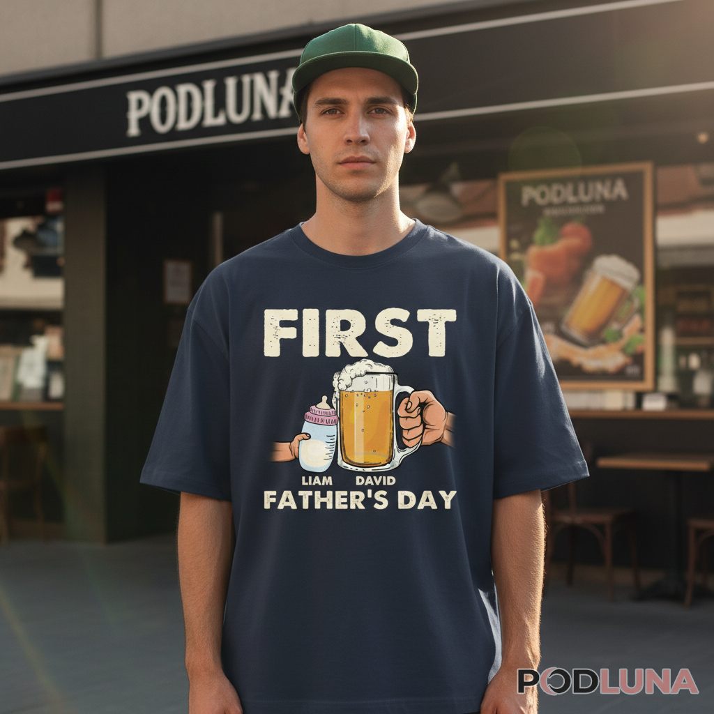 Personalized First Fathers Day Beer Mug And Baby Bottle Shirt