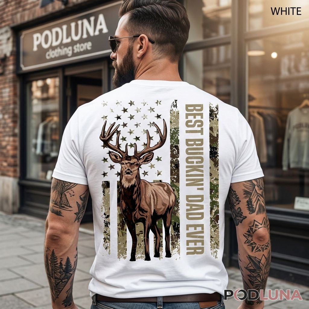 Best Buckin Dad Ever American Flag Camo Deer Hunting Graphic Shirt