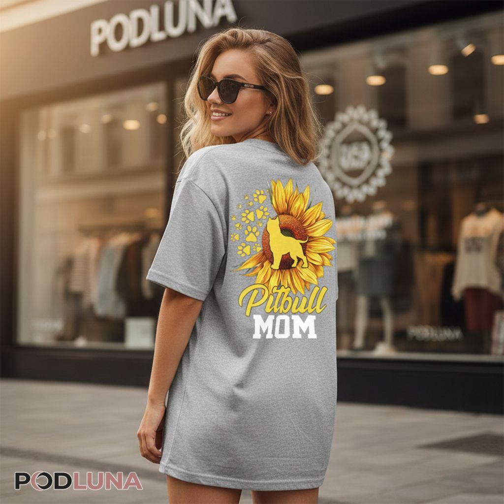 Sunflower Pitbull Mom Paw Prints Dog Lover Tee