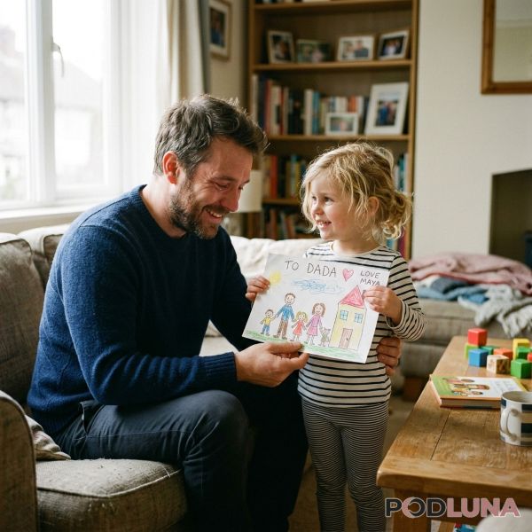 Child Giving Handmade Gift To Dad Real Moment