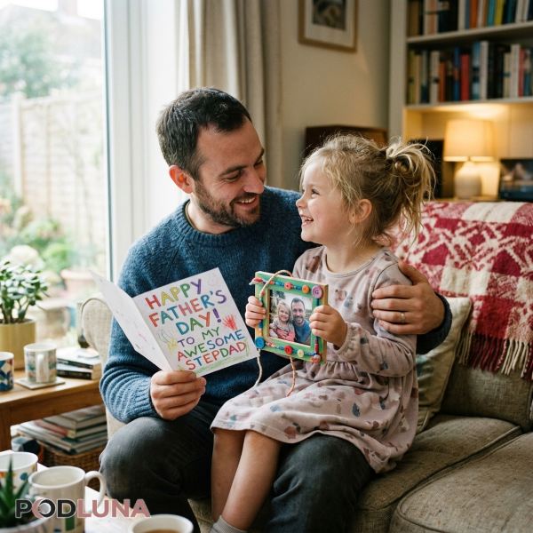 Child Giving Handmade Gift To Stepdad At Home