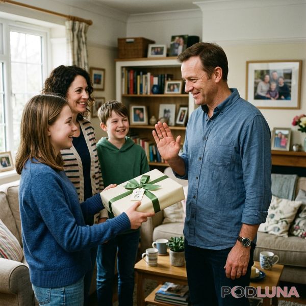 Dad Saying No To Gift But Smiling Real Life Scene Dad Saying No To Gift But Smiling Real Life Scene