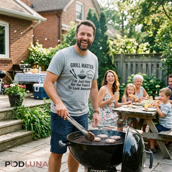 Dad Wearing Funny Shirt At Backyard Cookout Dad Wearing Funny Shirt At Backyard Cookout
