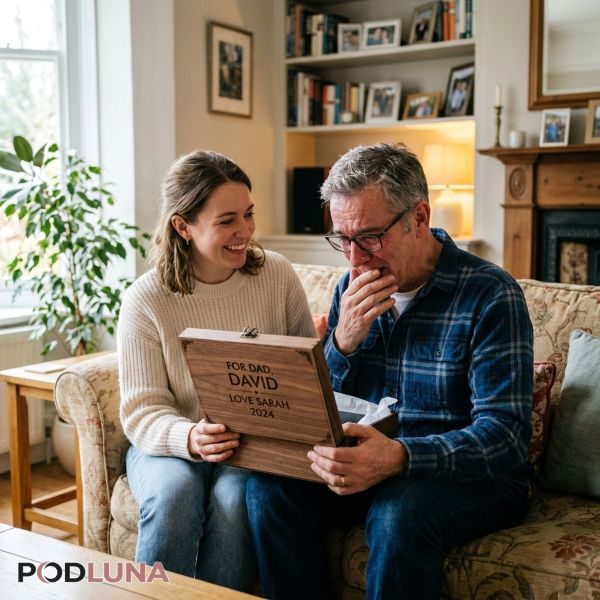 Daughter Giving Personalized Gift To Dad Real Family Moment Daughter Giving Personalized Gift To Dad Real Family Moment