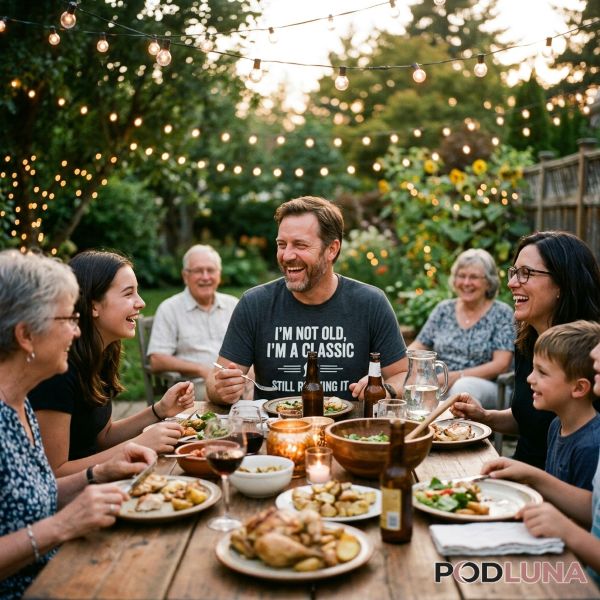 Family Backyard Dinner With Dad Wearing Funny Shirt Family Backyard Dinner With Dad Wearing Funny Shirt