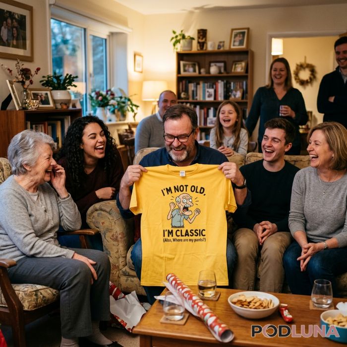Family Laughing At Funny Uncle Gift Moment