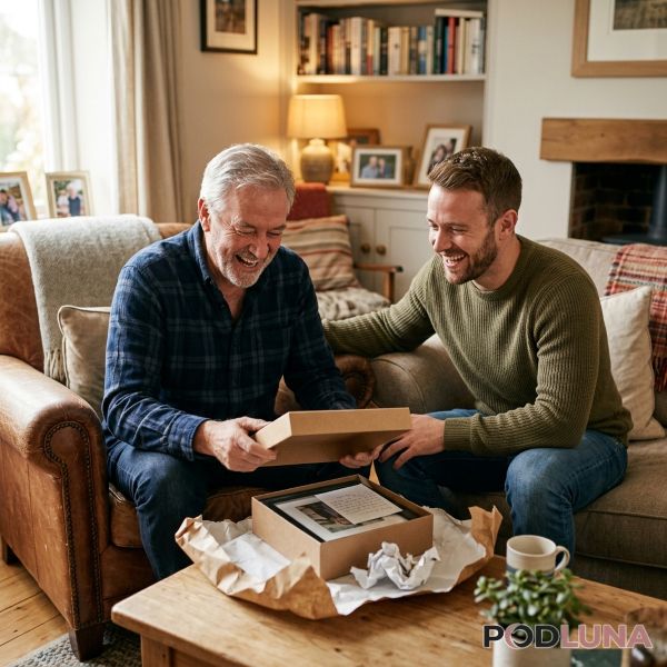 Father And Son Opening Meaningful Gift At Home