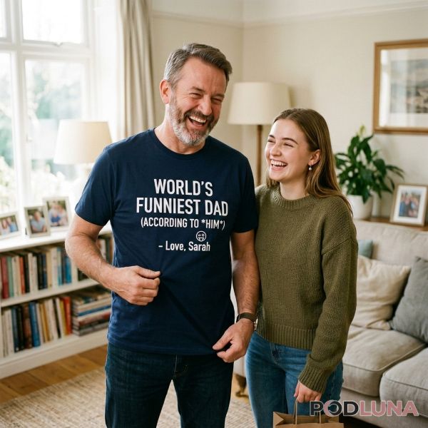 Father Laughing At Personalized Message Gift From Daughter Father Laughing At Personalized Message Gift From Daughter