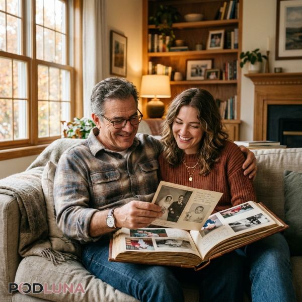 Father Looking At Family Photo Album With Daughter Emotional Memory Moment Father Looking At Family Photo Album With Daughter Emotional Memory Moment
