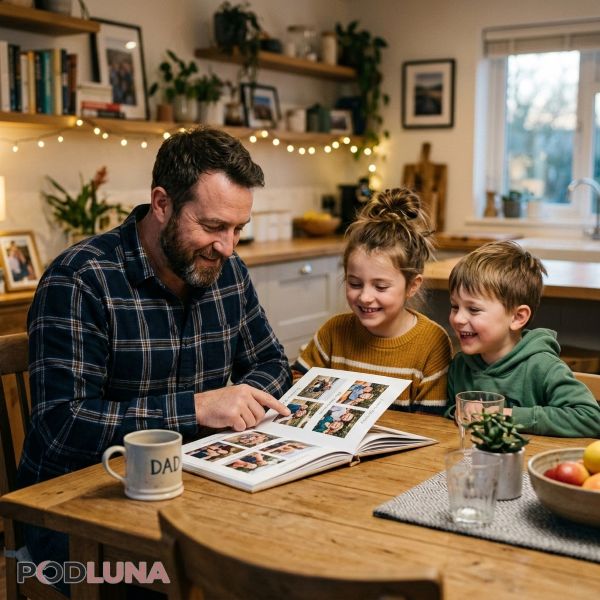 Father Looking Through Custom Family Photo Book With Children Father Looking Through Custom Family Photo Book With Children