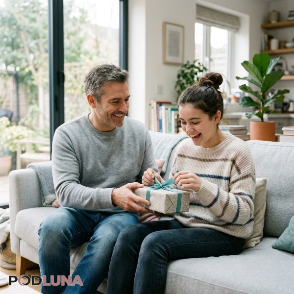 Happy Father Giving Gift To Teenage Daughter At Home Happy Father Giving Gift To Teenage Daughter At Home