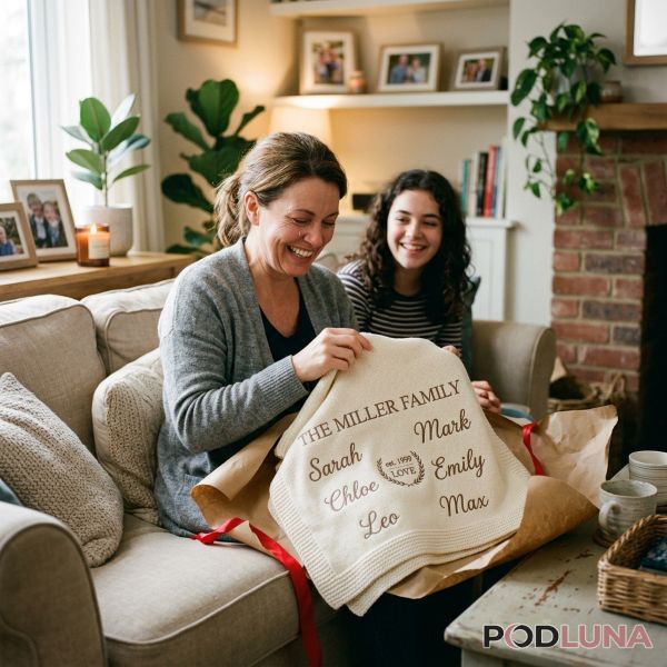 Mom Opening Personalized Blanket Gift With Family Names