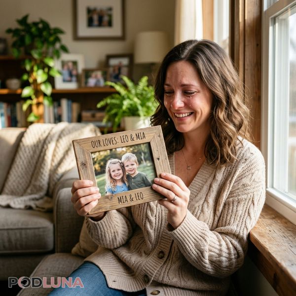 Mother Holding Personalized Photo Gift Emotional Connection Mother Holding Personalized Photo Gift Emotional Connection
