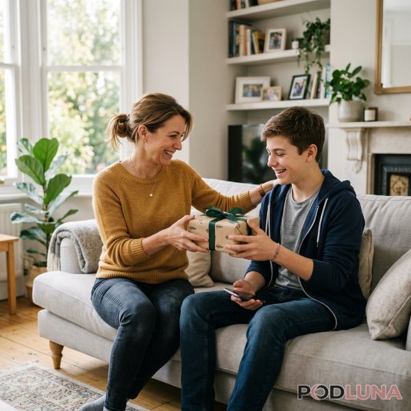 Parent Giving Gift To Son Real Life Family Moment