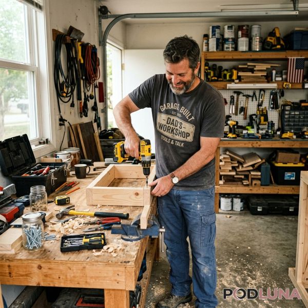 Practical Dad Wearing Comfortable Workshop Shirt Practical Dad Wearing Comfortable Workshop Shirt