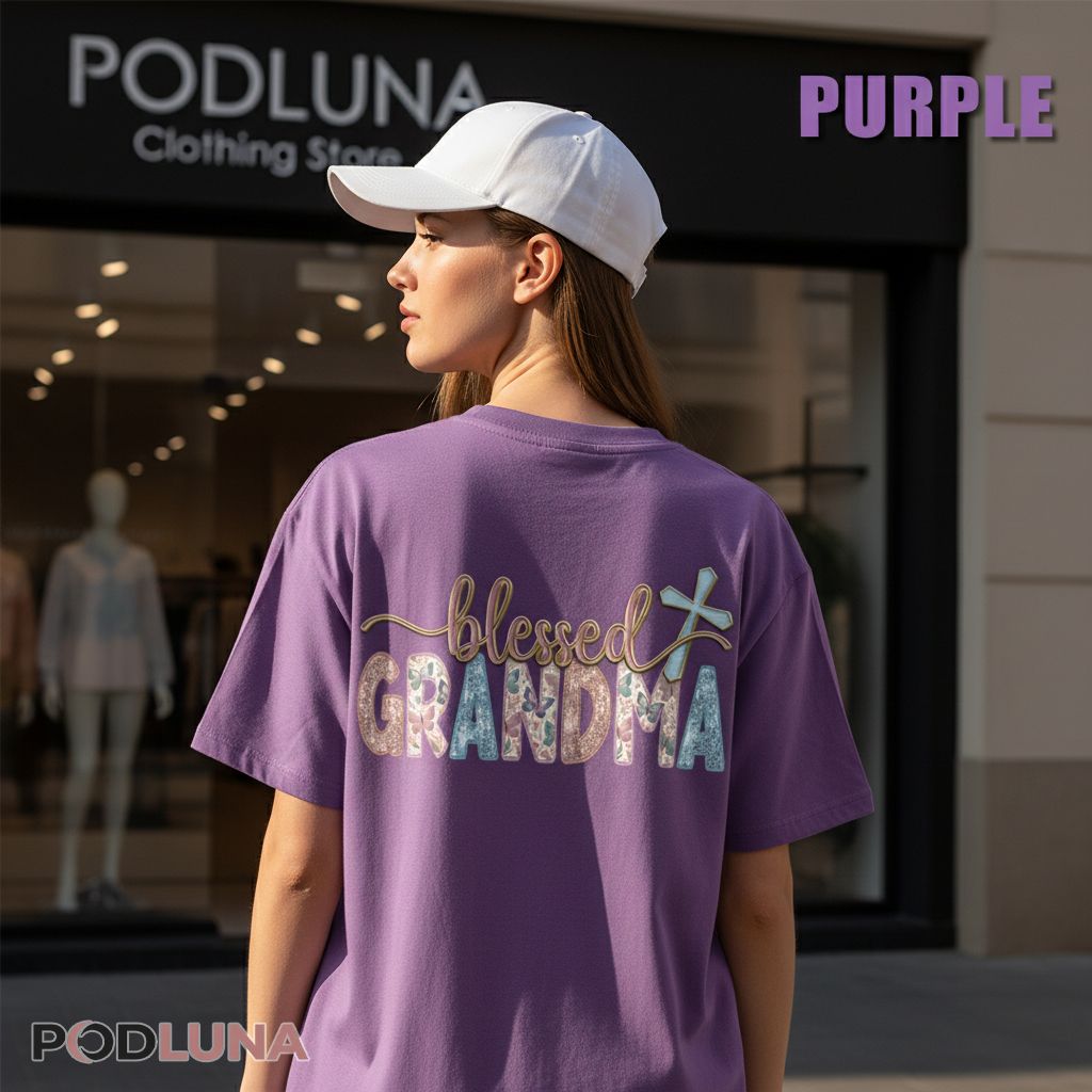 Blessed Grandma Butterfly Glitter Christian Cross Shirt