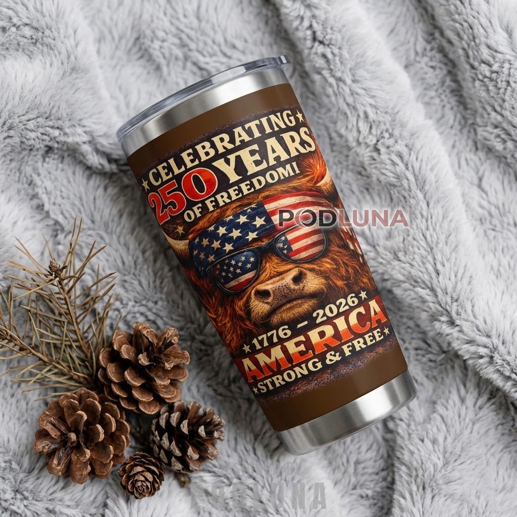 1776-2026 America 250 Years Tumbler Highland Cow Patriotic Cup