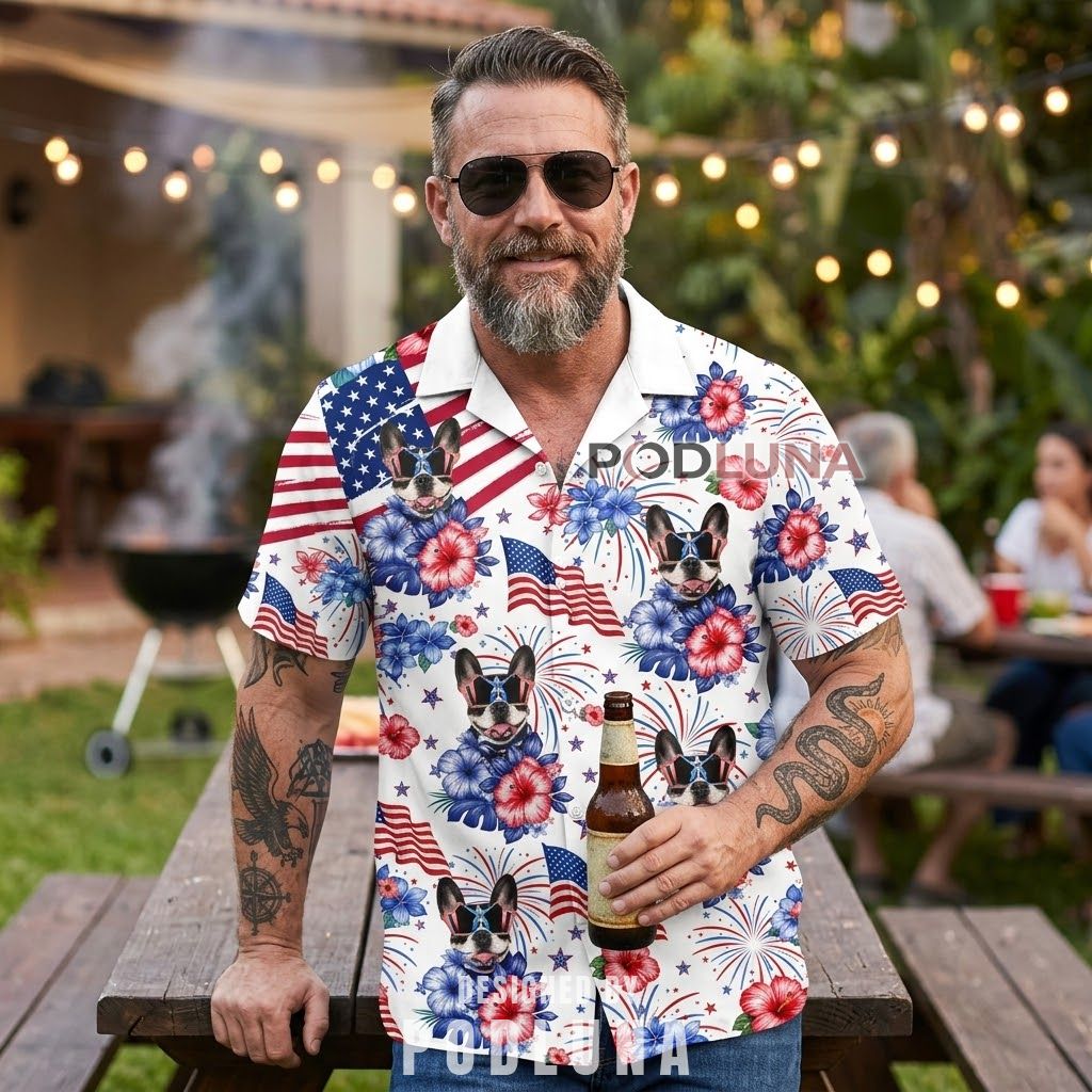 4th of July 2026 Hawaiian Shirts Boston Terrier Floral