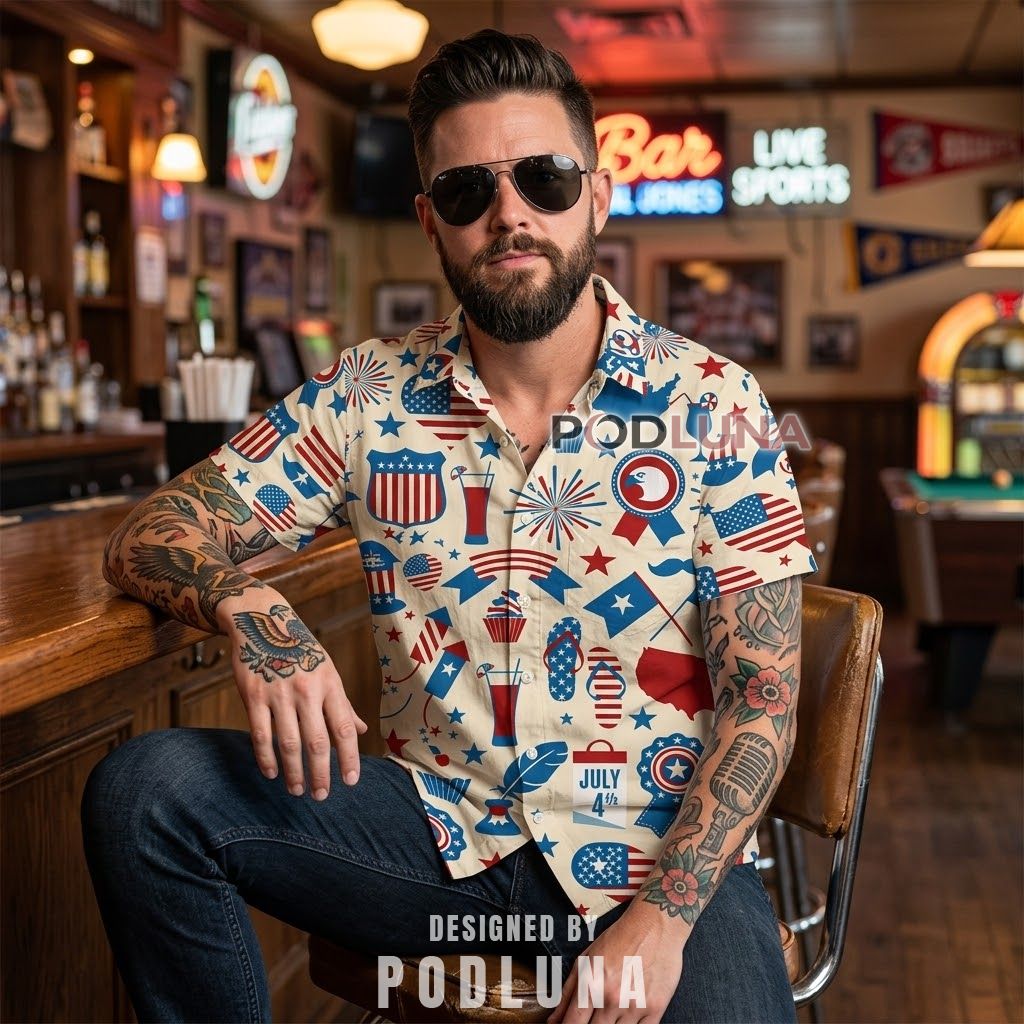 4th Of July Patriotic Icons Aloha Shirt