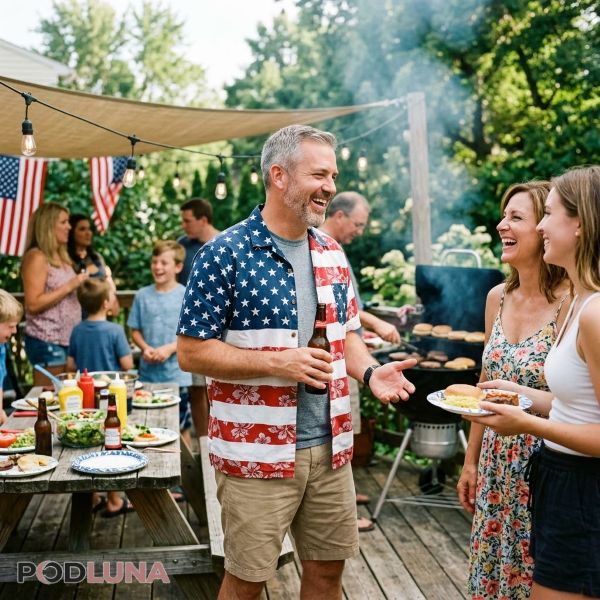 Dad Wearing Patriotic Hawaiian Shirt Family BBQ