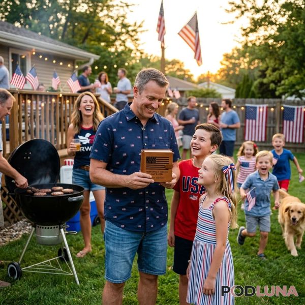 Family Giving Patriotic Gift To Dad Backyard Celebration