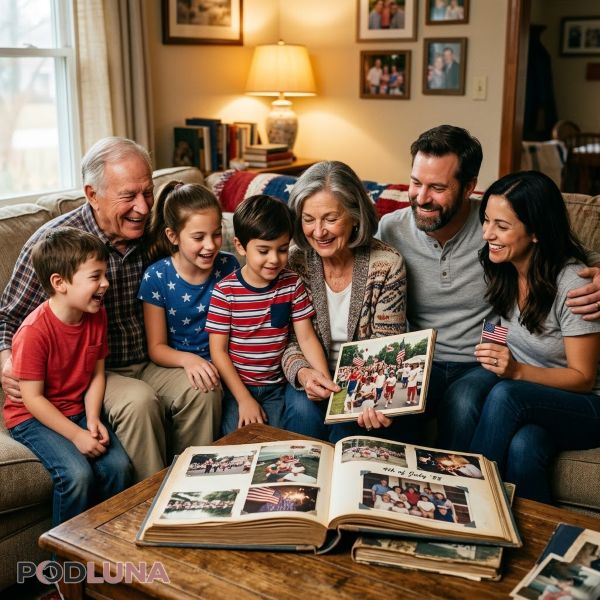 Family Looking At Old Independence Day Memories Together