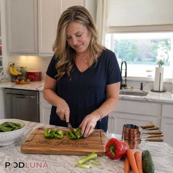 Mom Using Personalized Kitchen Gifts At Home