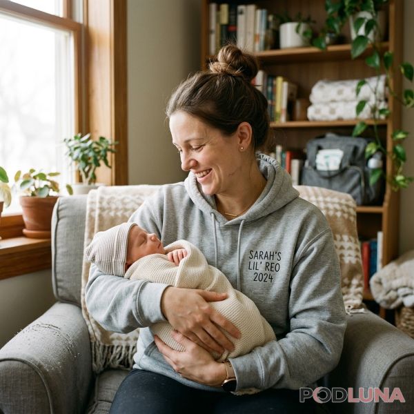 New Mom Wearing Personalized Hoodie With Baby At Home