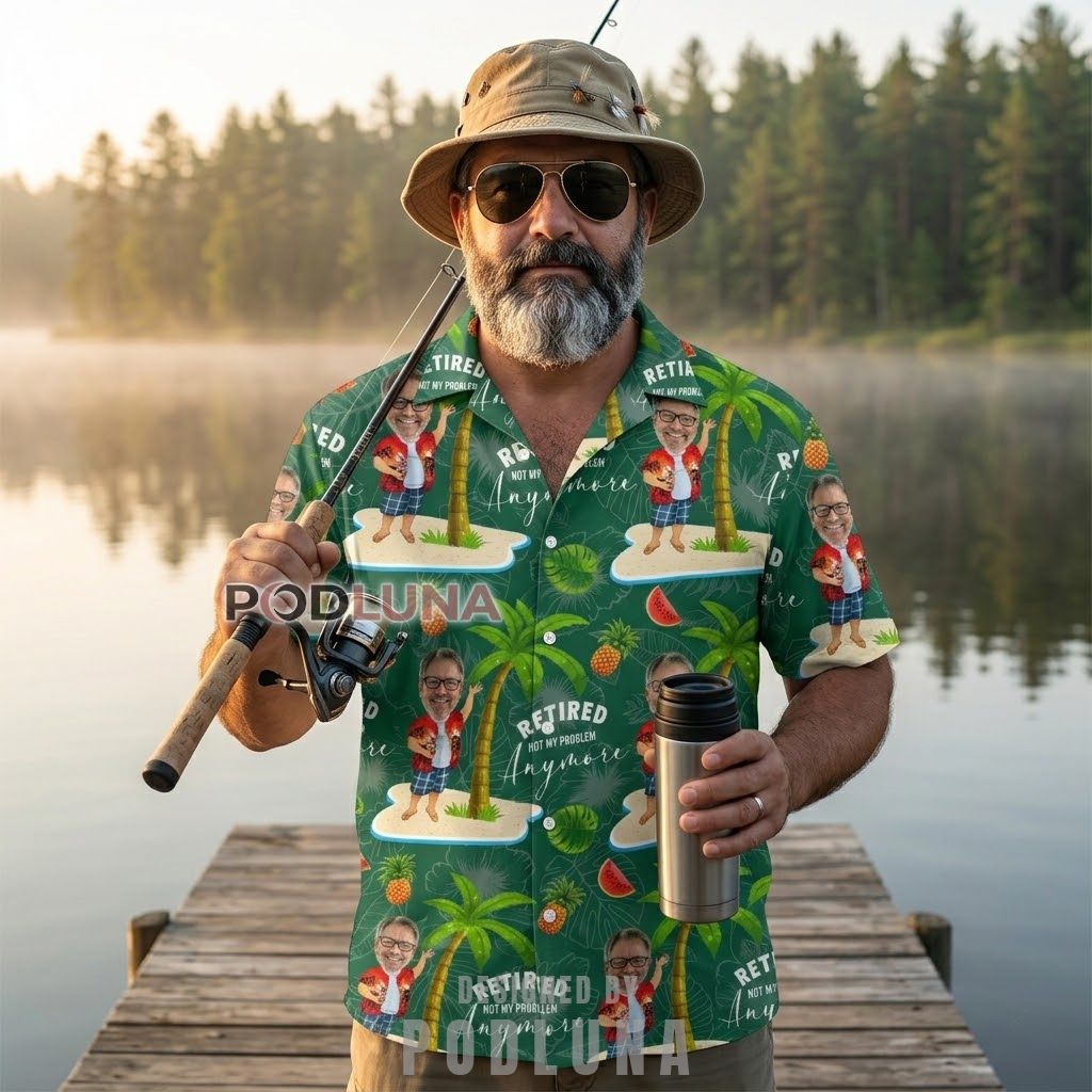 Add Face Retired Dad Not My Problem Anymore Tropical Green Hawaiian Shirt Front