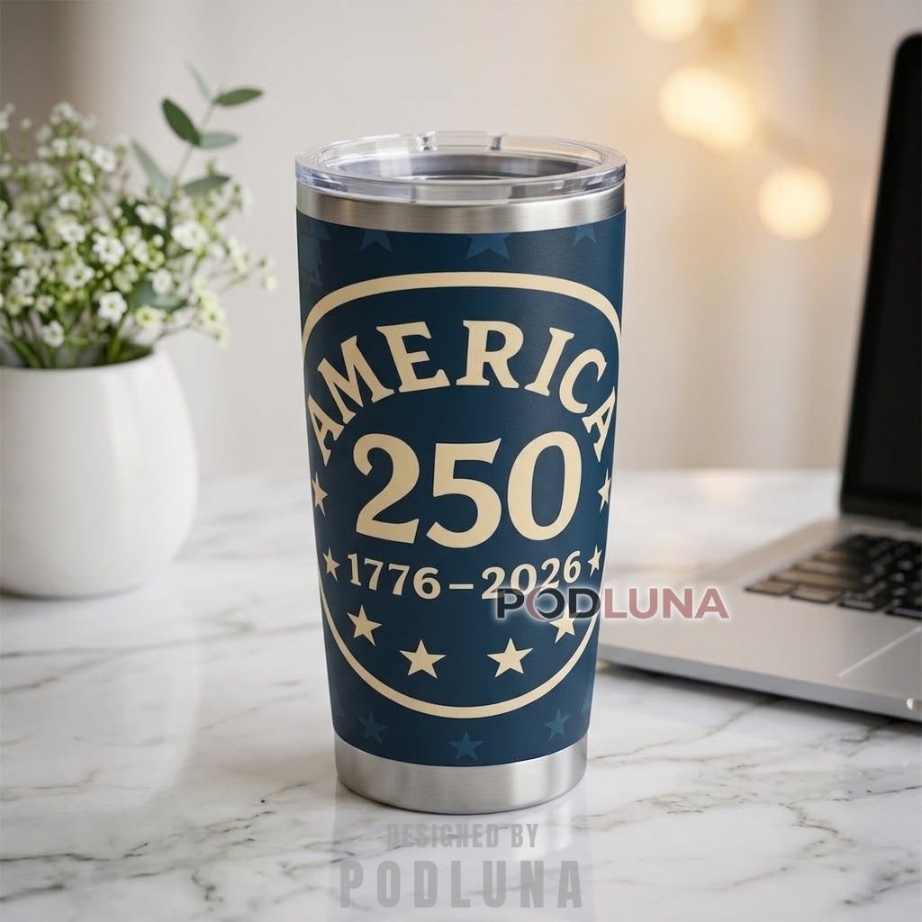 America 250 Parade Souvenir Tumbler Vintage Badge Navy Cup