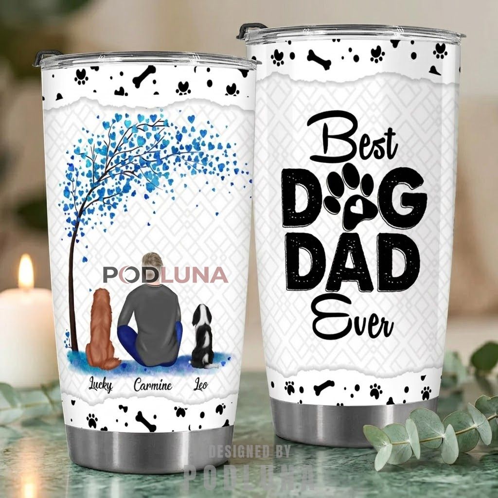 Custom Dog Names Best Dog Dad Ever Tumbler Blue Heart Tree Paw