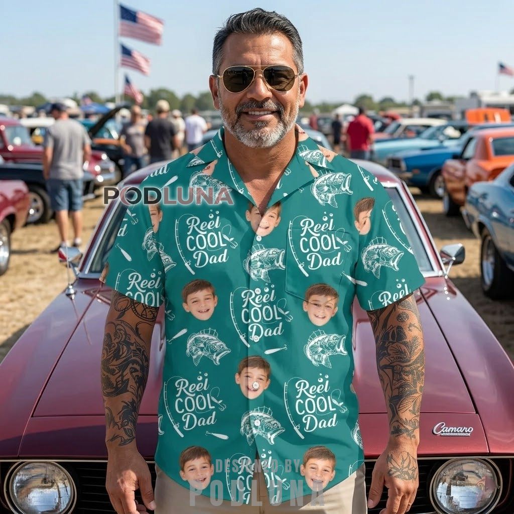 Custom Photo Reel Cool Dad Fishing Teal Button-down Shirt