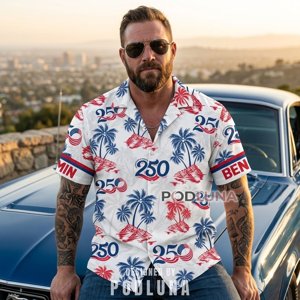 Family Matching USA 250th Hawaiian Shirts Palm Tree Island