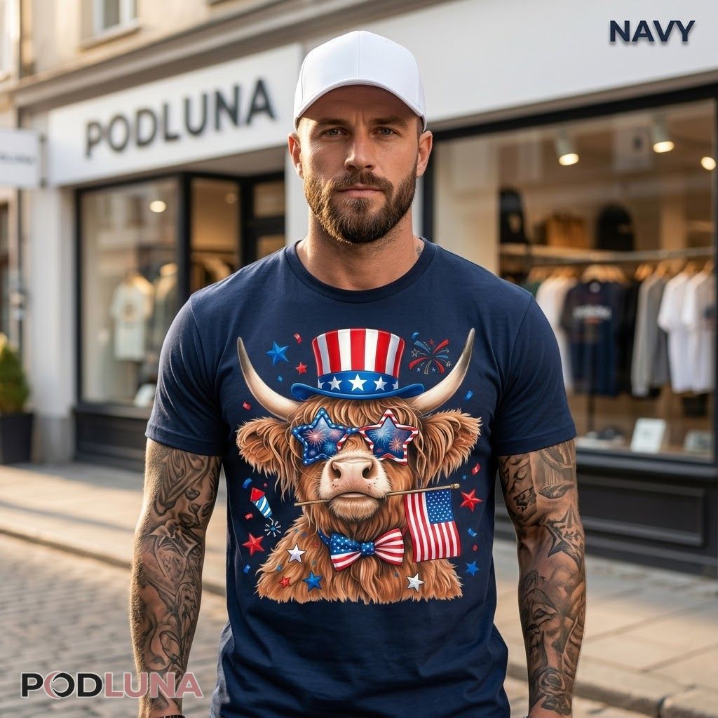 Highland Cow Uncle Sam Hat American Flag 4th Of July Patriotic Shirt