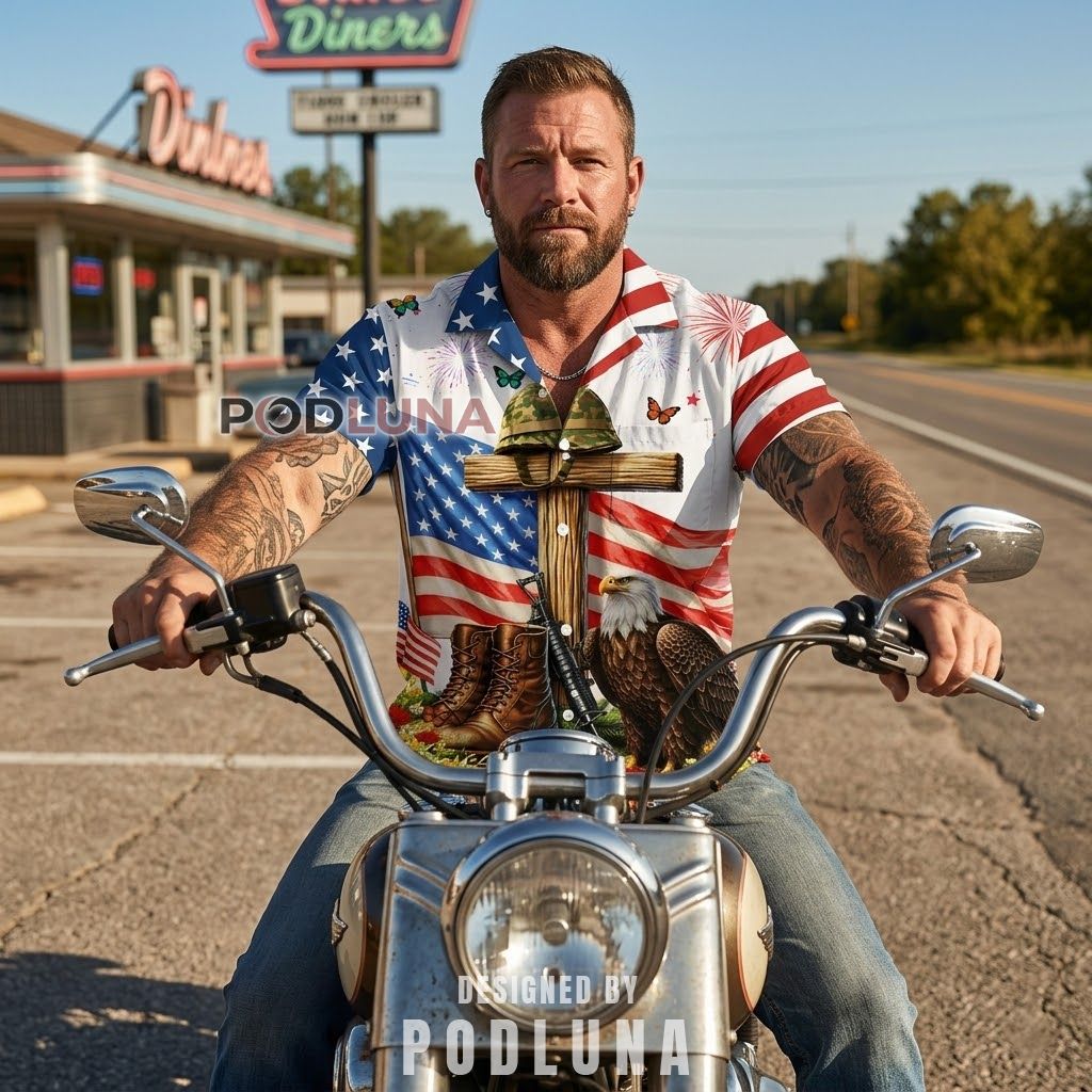 Patriotic Aloha Shirts for USA 250 Eagle Veteran Cross