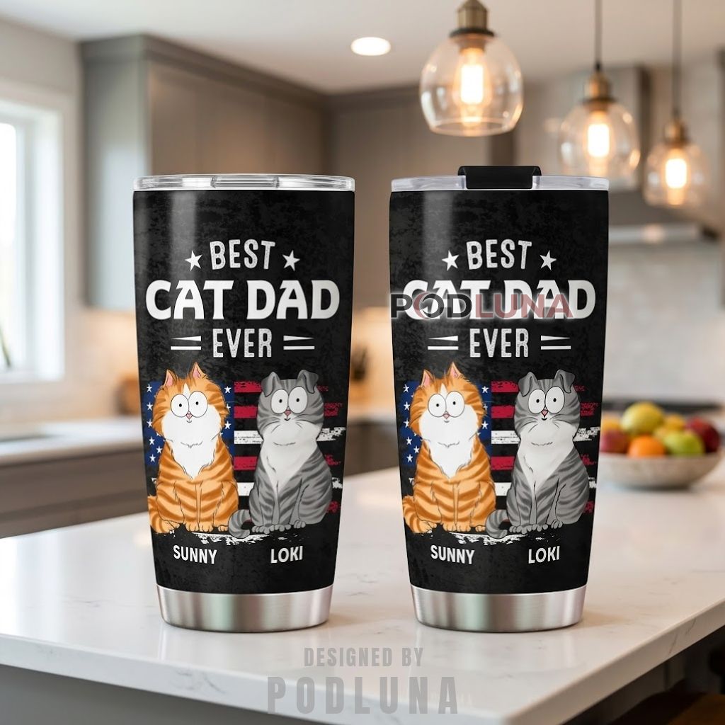 Personalized Best Cat Dad Ever Tumbler American Flag Custom Cat Name Gift