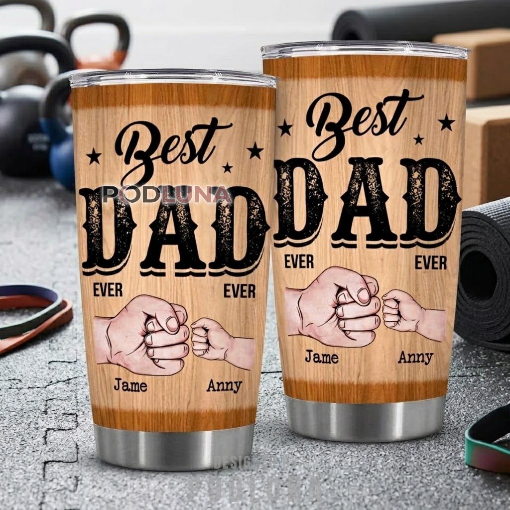 Personalized Best Dad Ever Tumbler Fist Bump Kids Names Wooden Pattern Gift