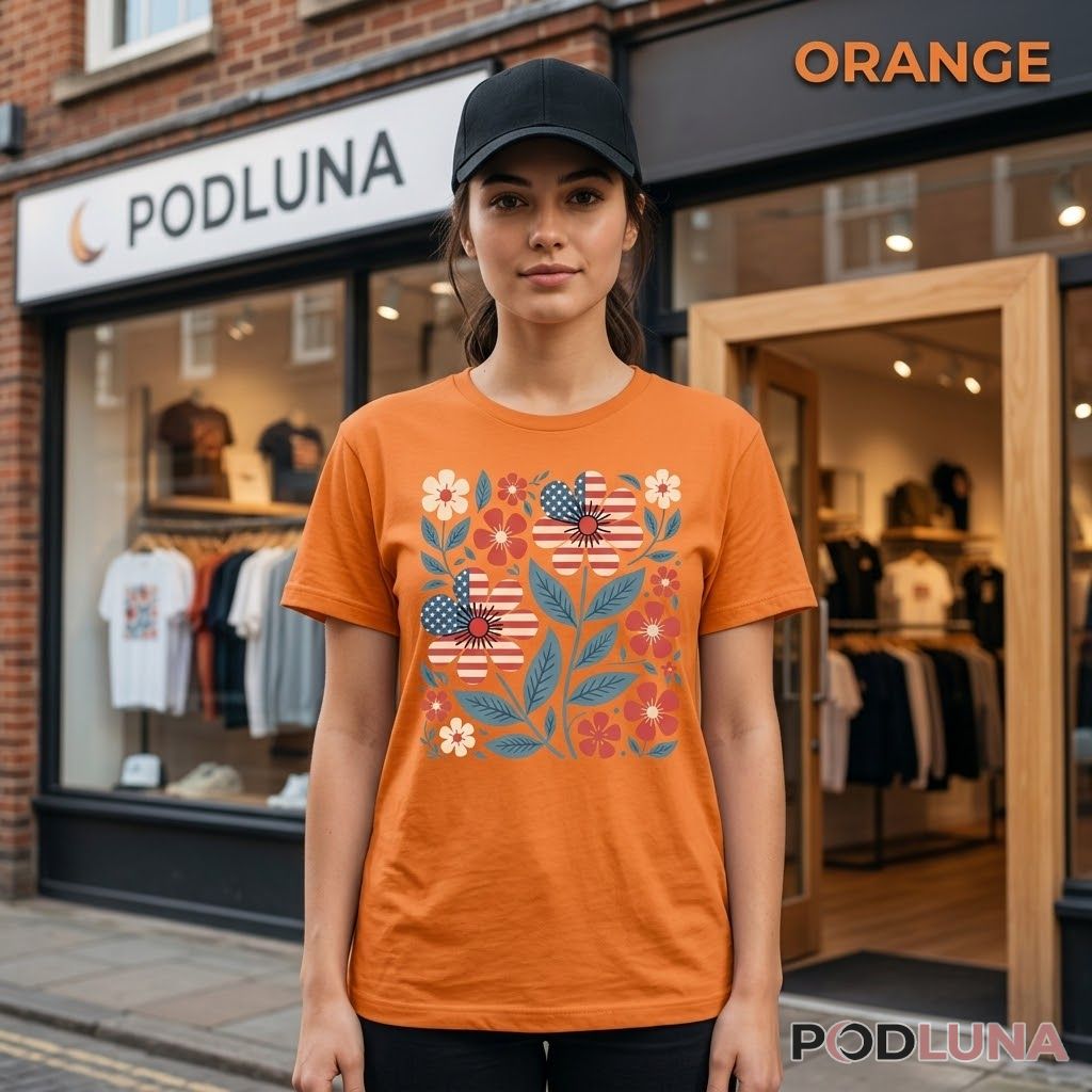 Red White And Blue Floral American Flag 4th Of July Patriotic Women Shirt