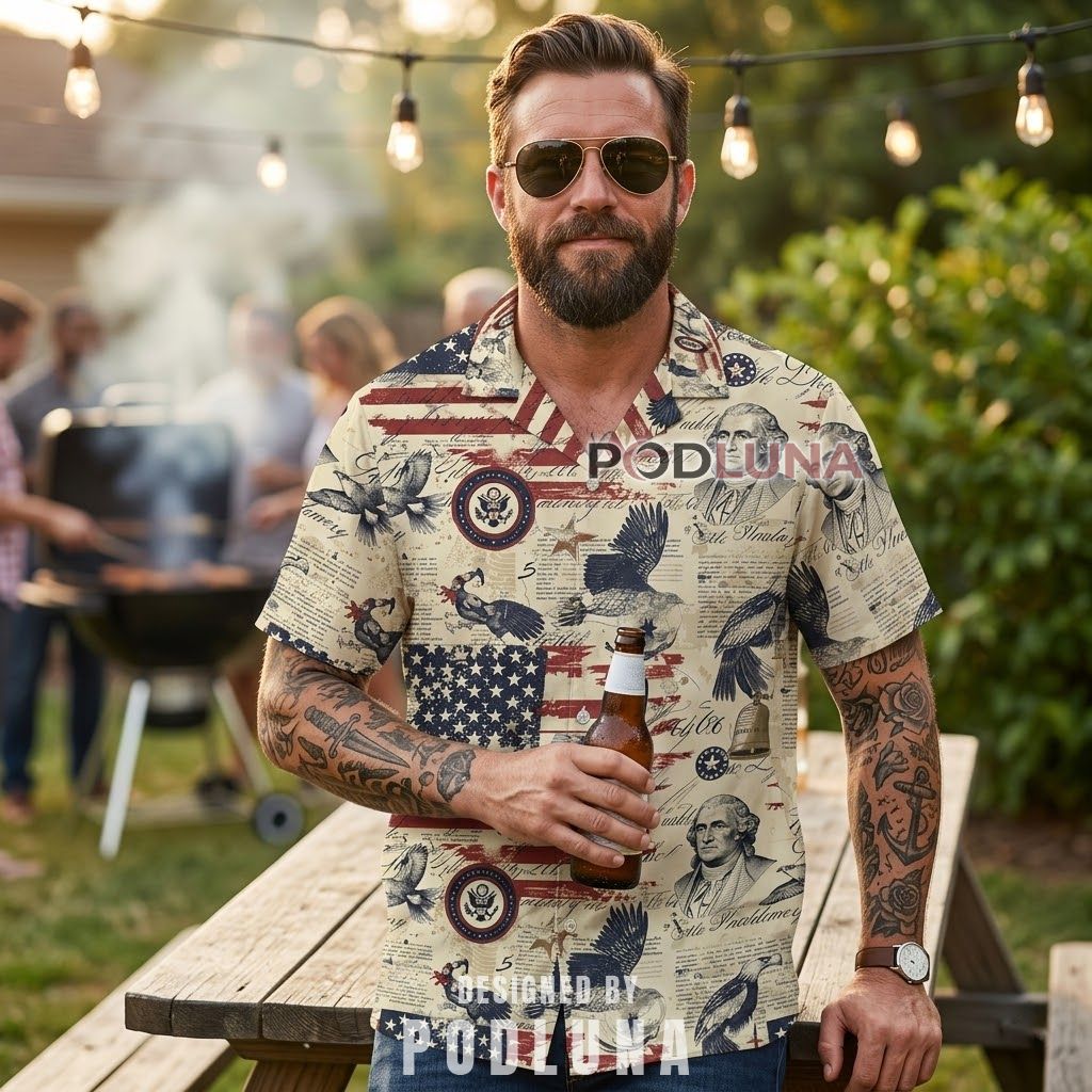 Vintage USA 250th Anniversary Hawaiian Shirts Founding Father Eagle