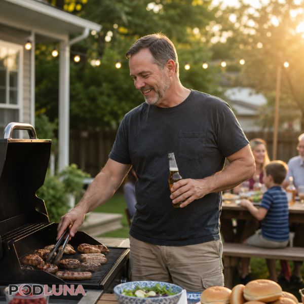 Backyard BBQ Dad Enjoying Beer With Family