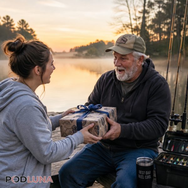Fishing Dad Opening Gift Near Lake