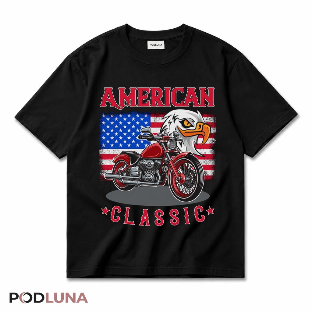 Classic Bald Eagle Motorcycle American Flag Patriotic Biker T-Shirt