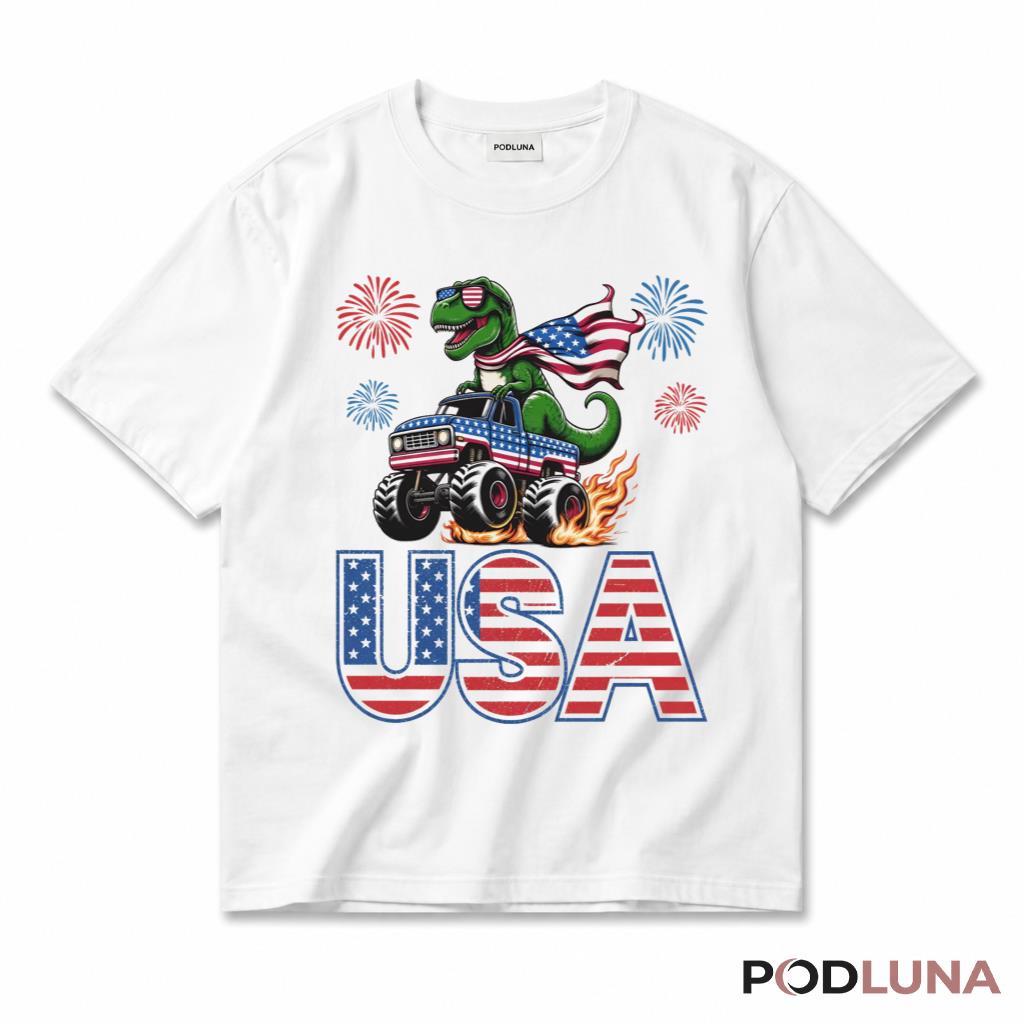 Dinosaur Monster Truck USA Patriotic American Flag Boys T-Shirt