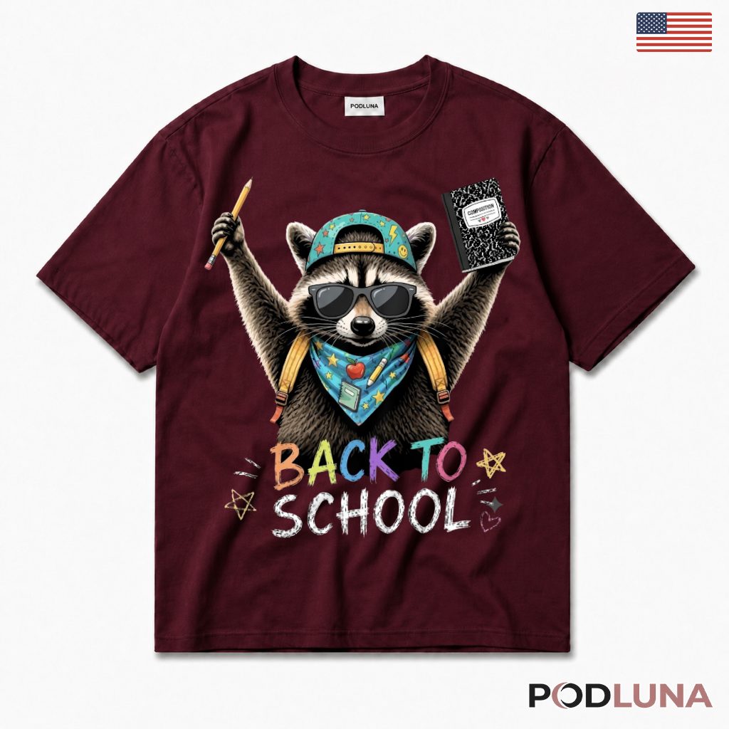 Back To School Raccoon Backpack Notebook T-Shirt Elementary Student Gift