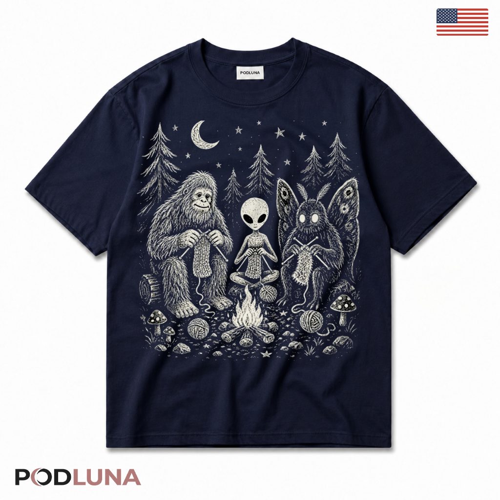 Bigfoot Alien Mothman Knitting T-Shirt
