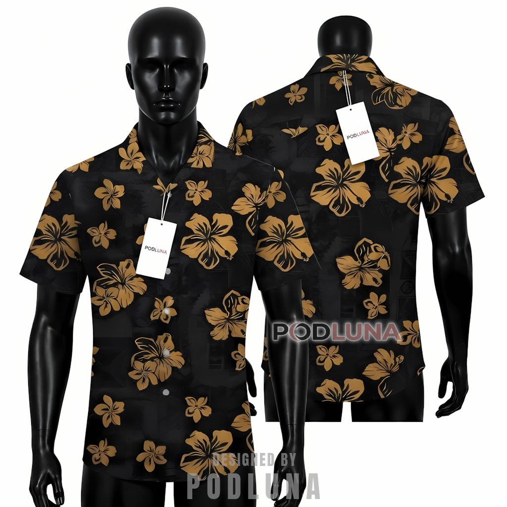 Black Hibiscus Hawaiian Shirt Gold Tribal Print Front