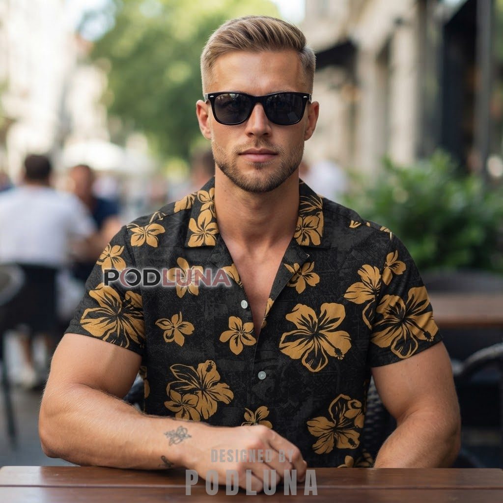 Black Hibiscus Hawaiian Shirt Gold Tribal Print Back Black Hibiscus Hawaiian Shirt Gold Tribal Print Back
